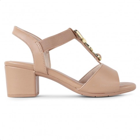 Sandália Comfortflex Salto Bloco Médio Feminina Nude / Dourado