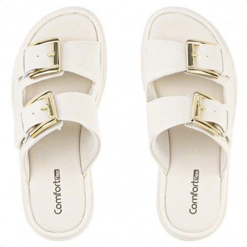 Sandália Comfortflex Slide Com Fivela Dupla Feminina Off White / Dourado