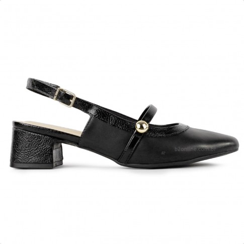 Sapato Comfortflex Slingback Tira Feminino Preto / Dourado