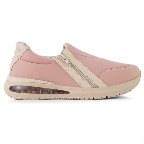 Tênis Comfortflex Slip On Zíper Feminino Rosê / Bege