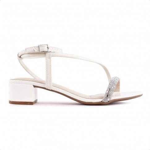 Sandália Moleca Salto Grosso Baixo Strass Feminina Off White