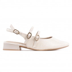 Sapato Ramarim Slingback Salto Baixo Feminino Bege