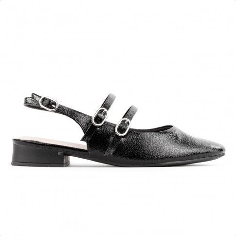 Sapato Ramarim Slingback Salto Baixo Feminino Preto / Prata