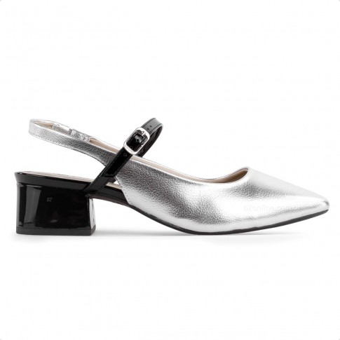 Sapato Via Uno Slingback Salto Bloco Verniz Feminino Prata / Preto