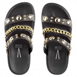 Sandália Papete Vizzano Tiras Spike Feminina Preto / Dourado